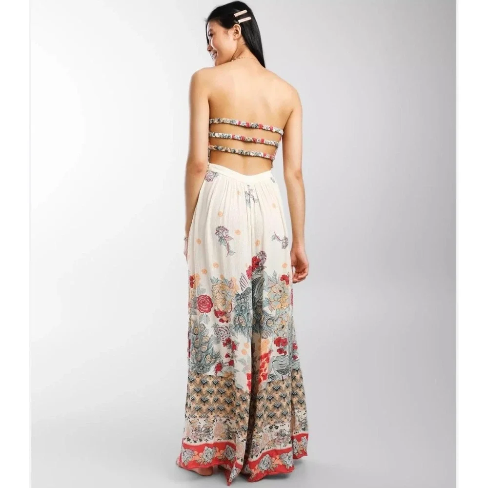 Free People Floral Peacock Strapless Cutout Jumpsuit Cream Red XS